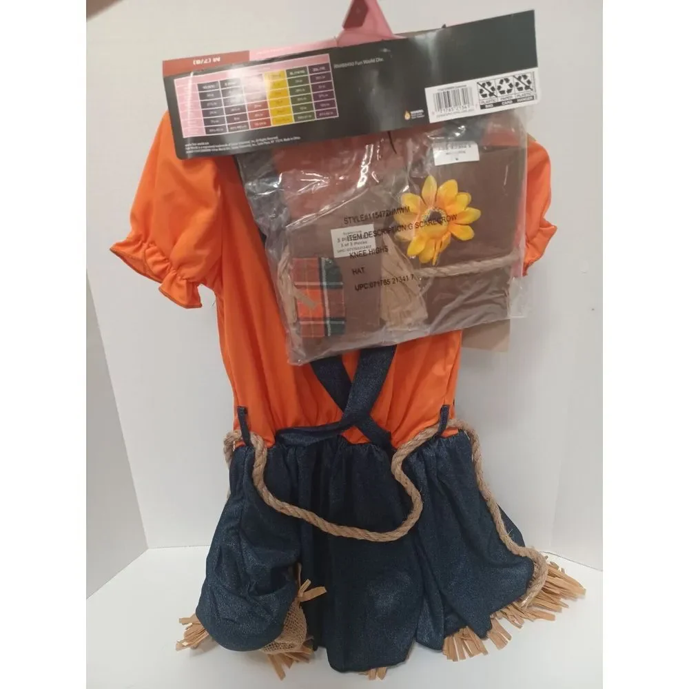 NWT Scarecrow Girls Medium‎ 7-8 Halloween Costume Dress W/Belt Hat Knee Highs Oz